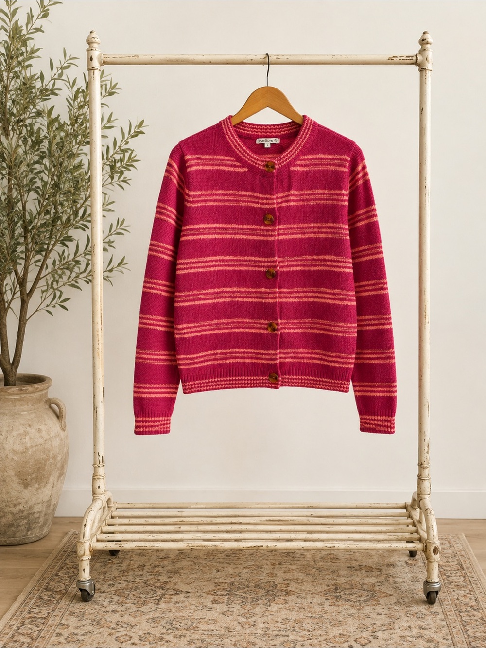 Women's Striped Crewneck Cardigan Sweater - Pink Vintage